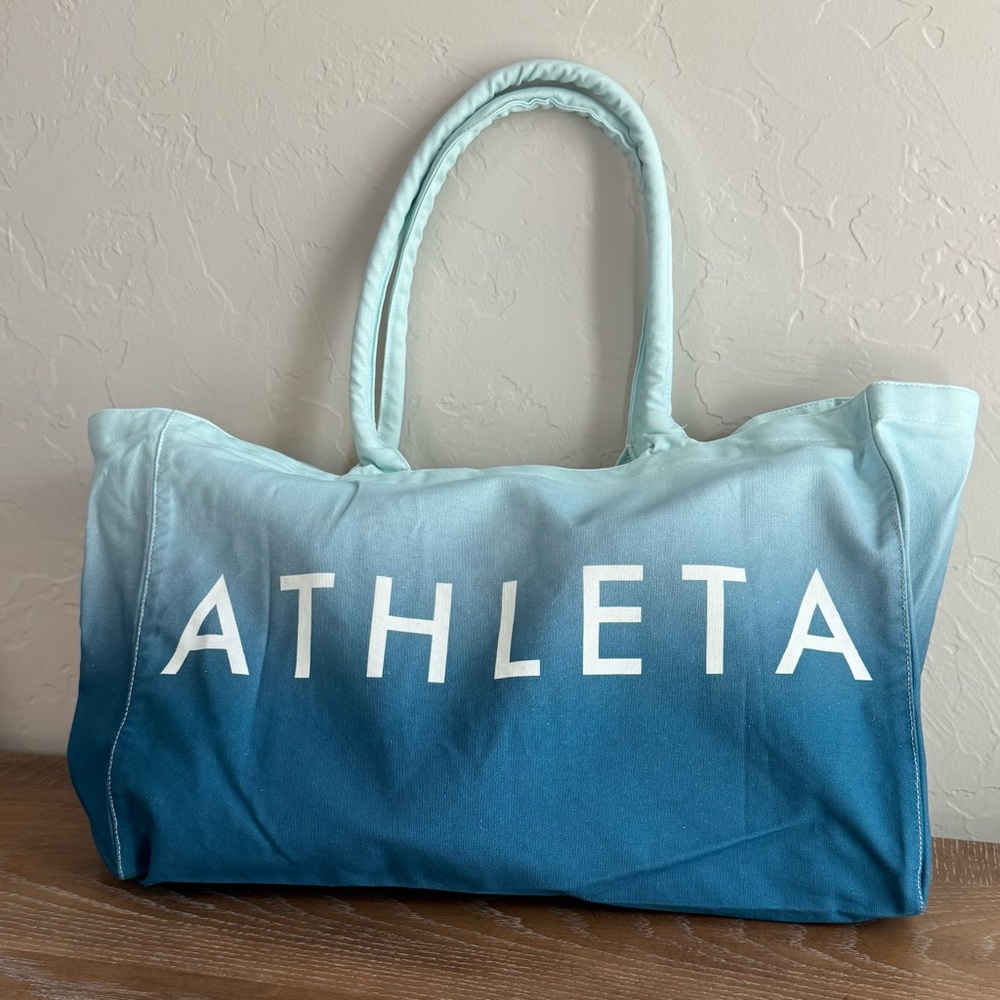 ATHLETA Blue Teal Ombre Cotton Canvas Large Tote Bag 19" x 13" - Picture 4 of 5